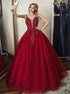 A Line Straps Lace Up Beaded Red Tulle Prom Dress LBQ3800